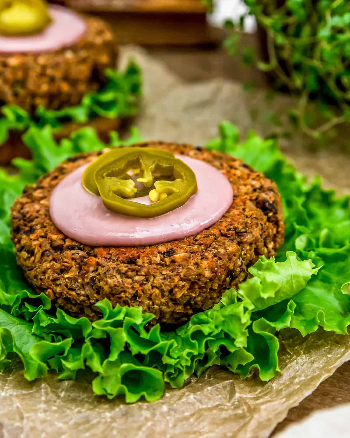 Vegan Jalapeño Popper Burger in a lettuce wrap