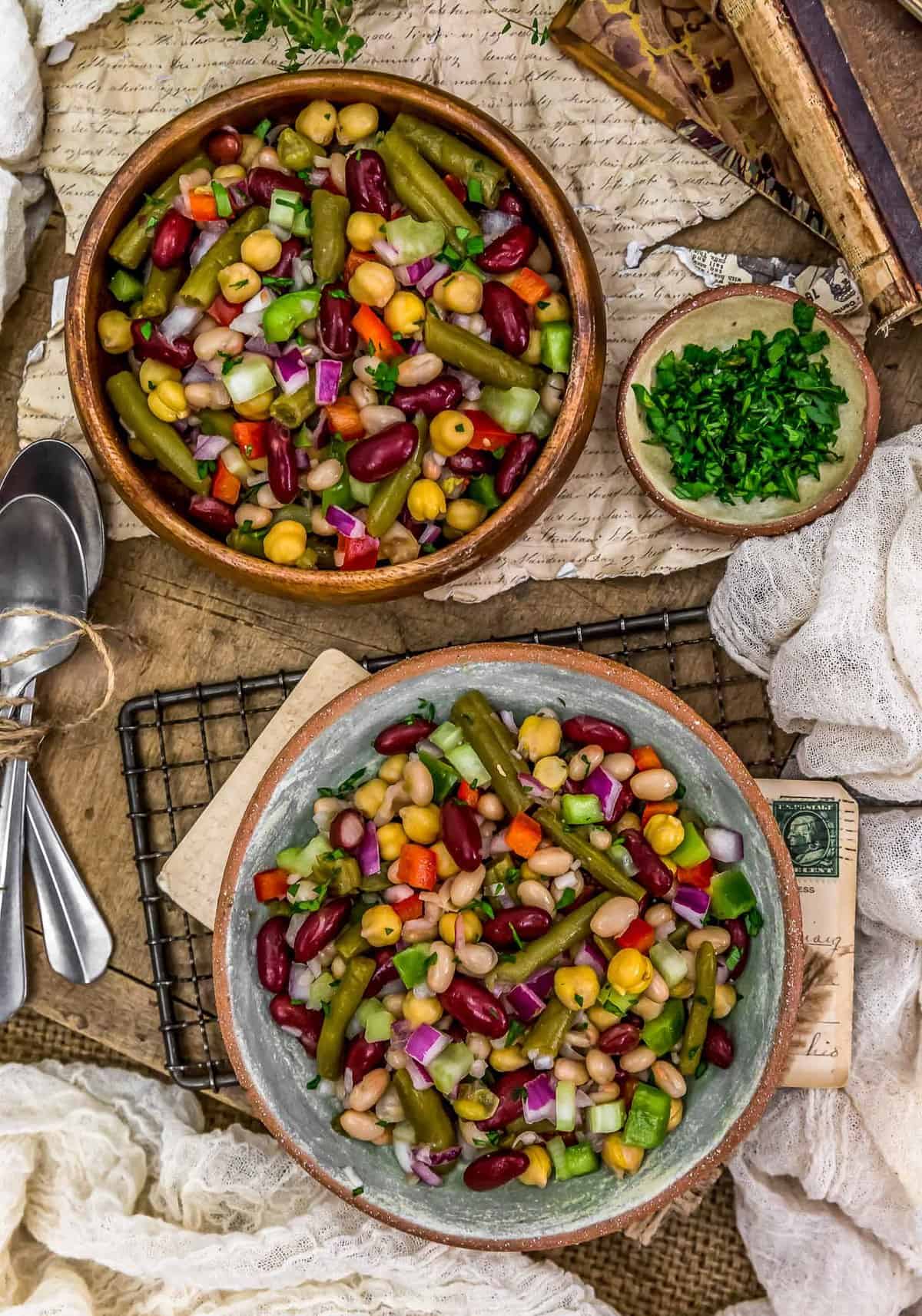Tablescape of Oil Free Five Bean Salad