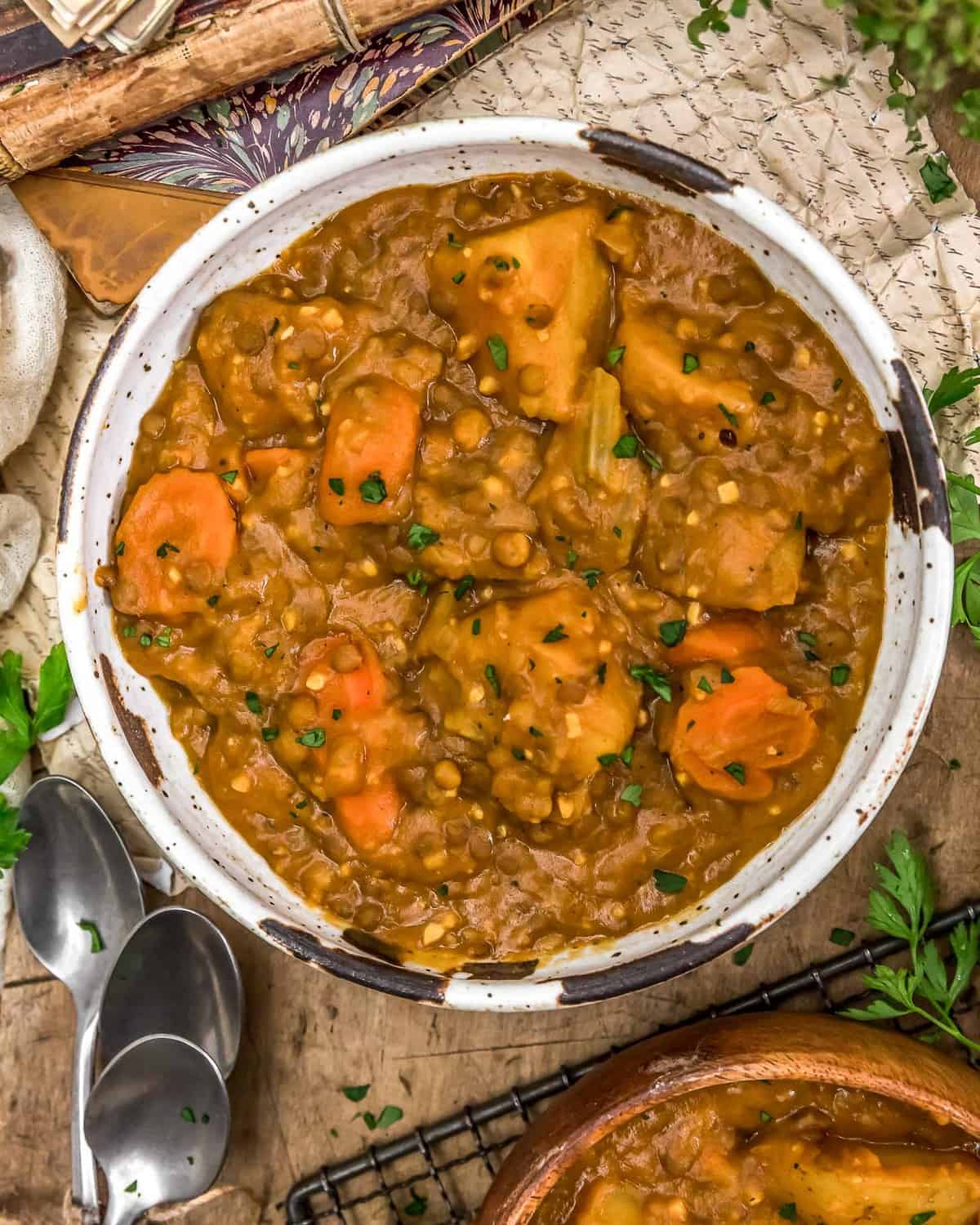 Bowl of Rustic Vegan “Cheeseburger” Stew