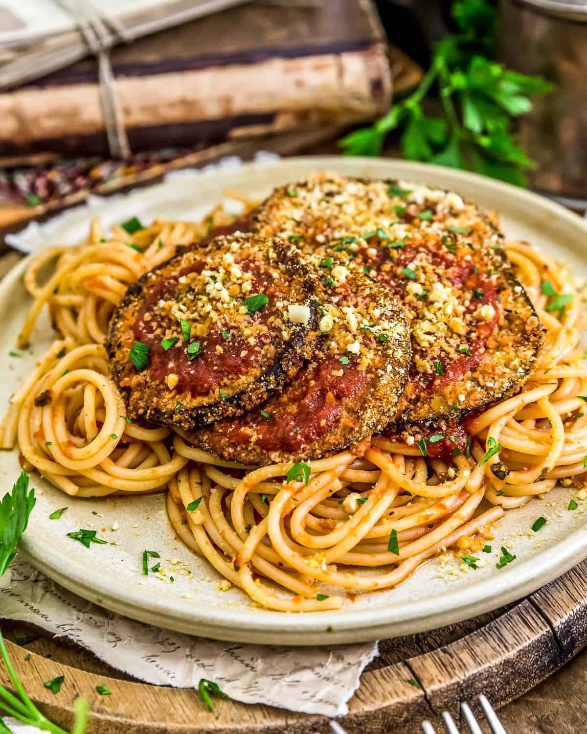 Vegan Eggplant Parmesan on Spaghetti