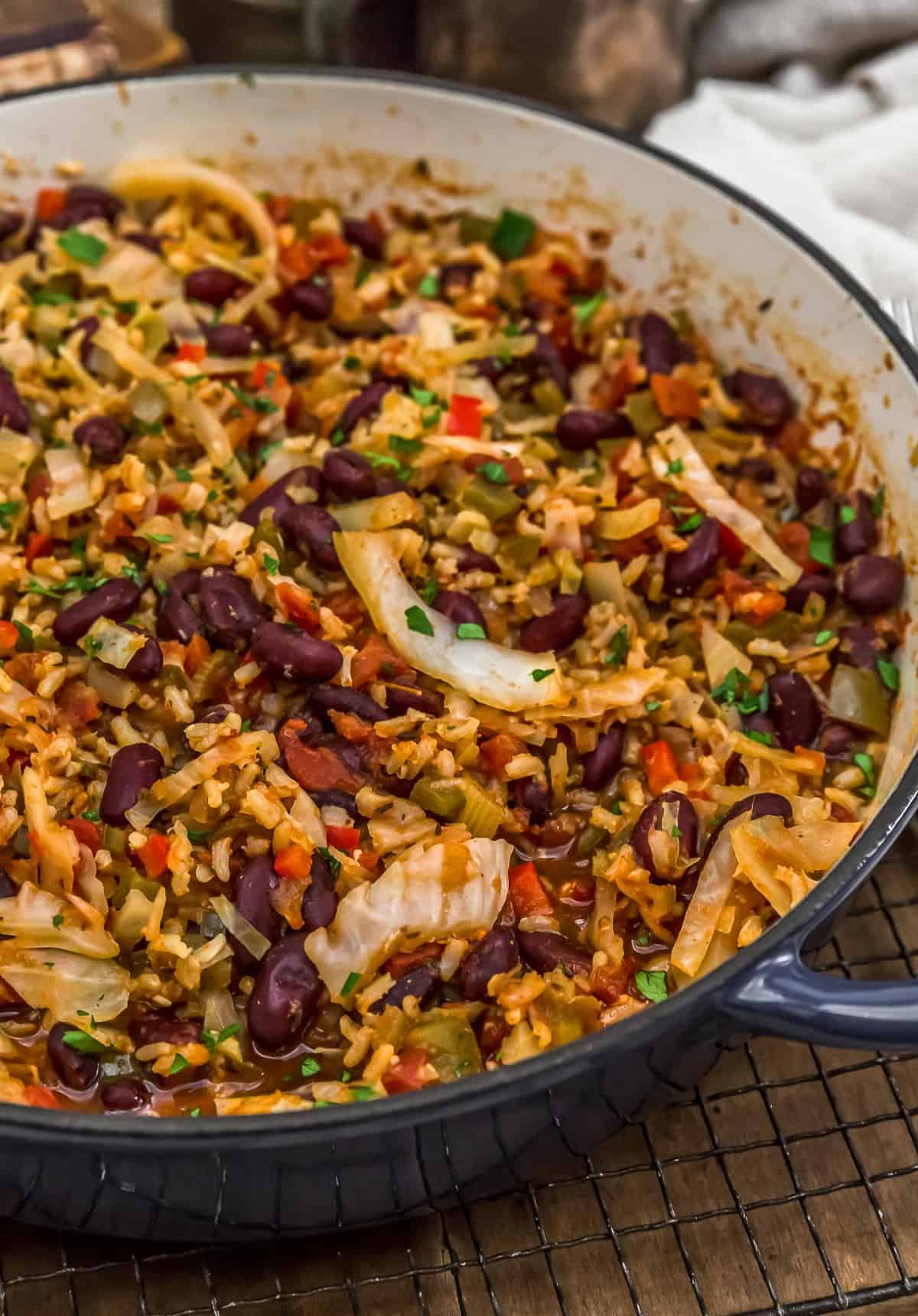 Close up of Cajun Cabbage and Rice Skillet