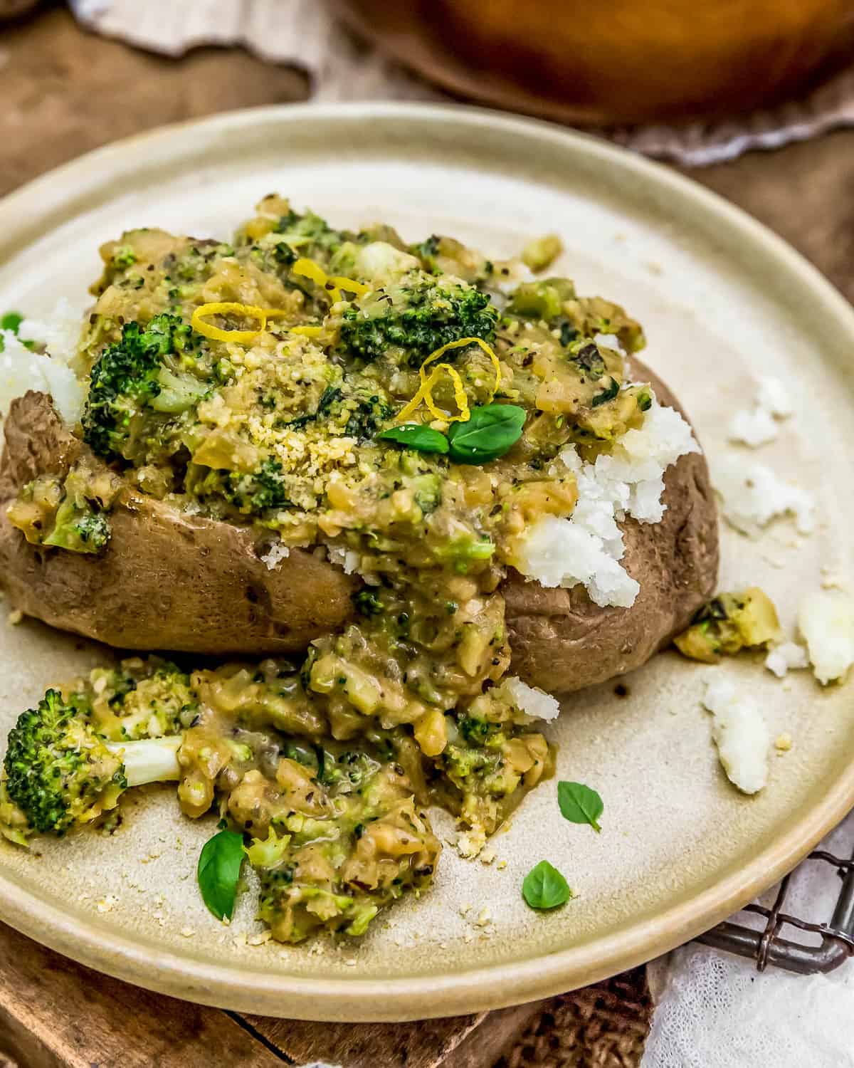 Baked Potato topped with Creamy Lemon Broccoli Sauce