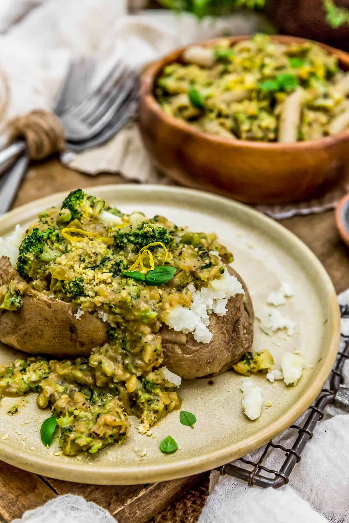 Creamy Lemon Broccoli Sauce on a baked potato