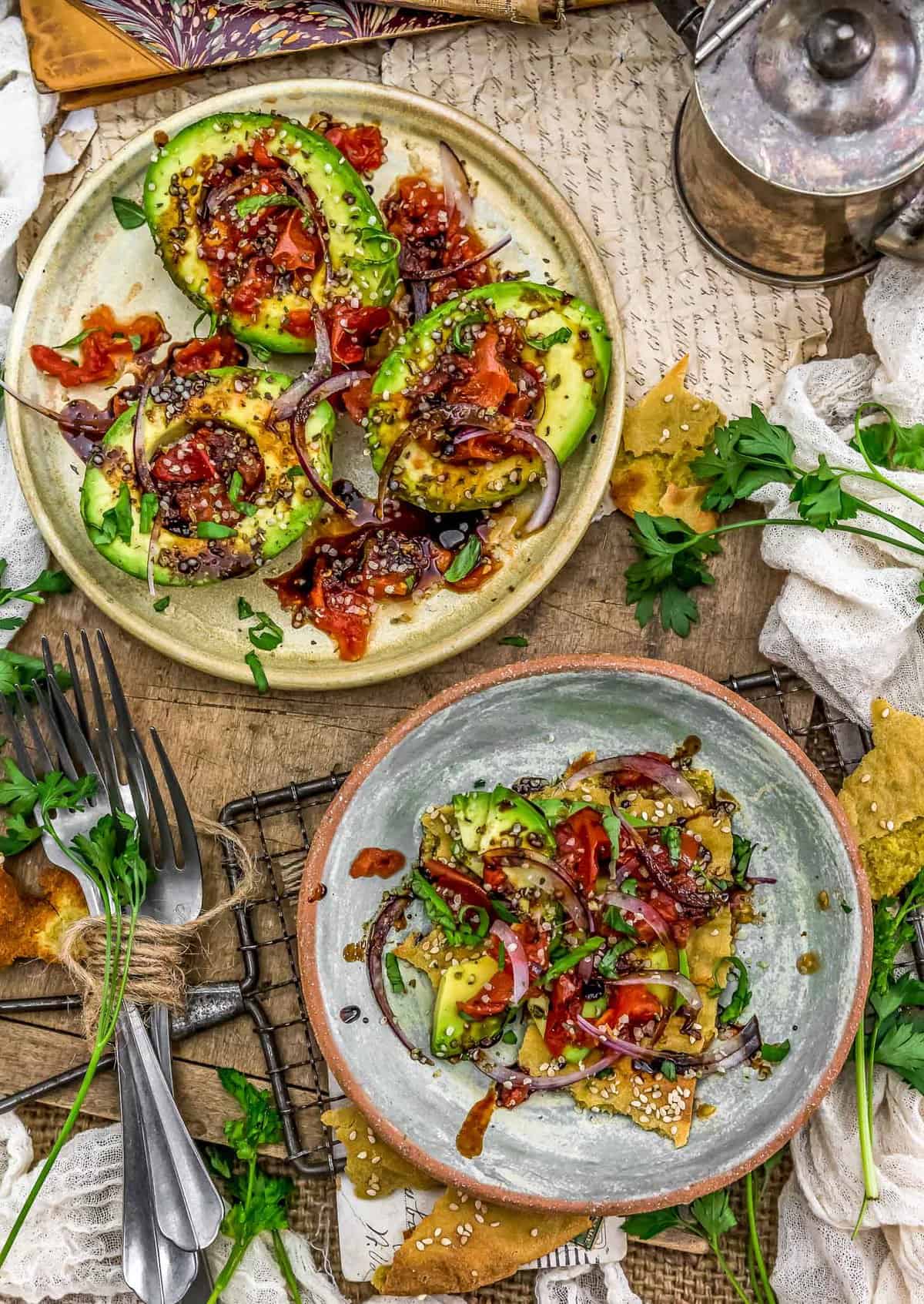 Tablescape of Roasted Tomato Stuffed Avocados with Balsamic Reduction