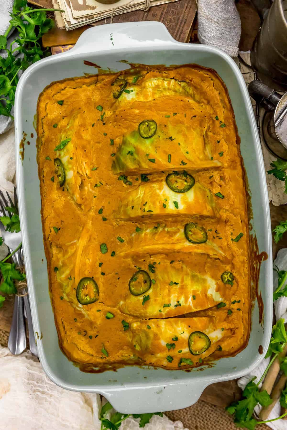 Vegan Southwestern Scalloped Cabbage in a casserole dish