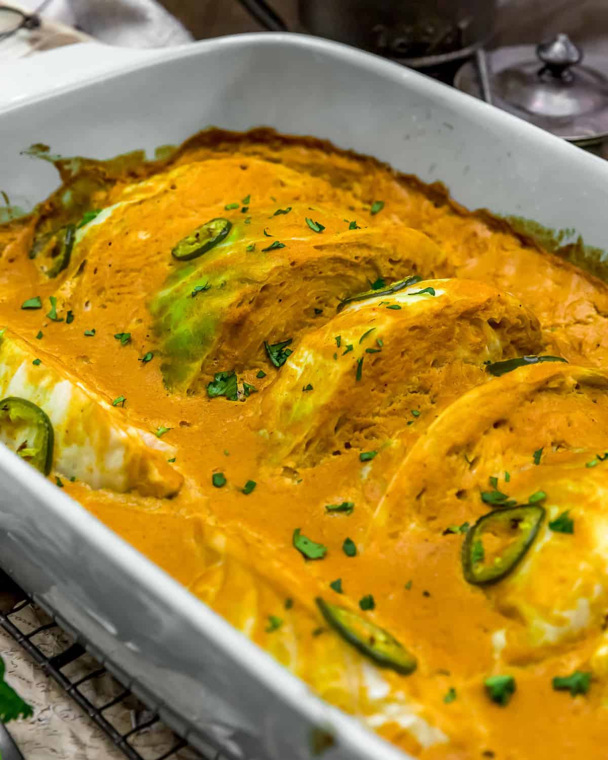 Close up of Vegan Southwestern Scalloped Cabbage in a dish