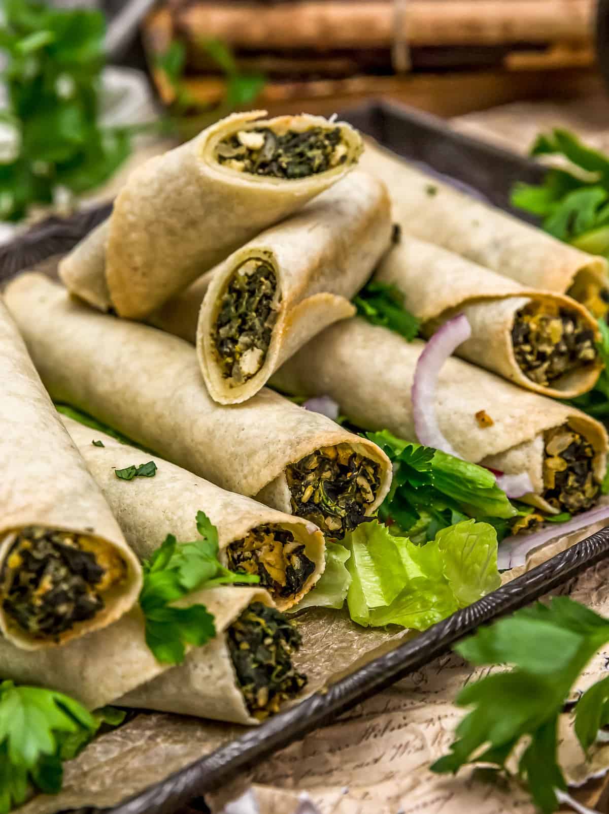 Close up of Vegan Spanakopita Rolls