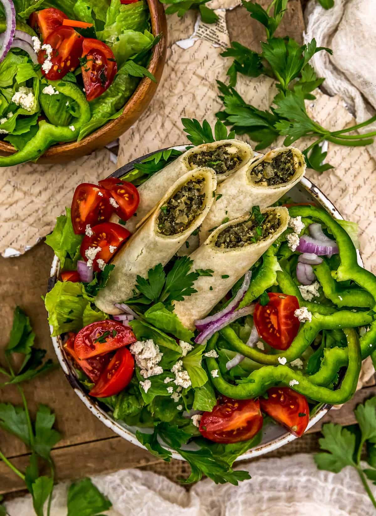 Vegan Spanakopita Rolls with a salad