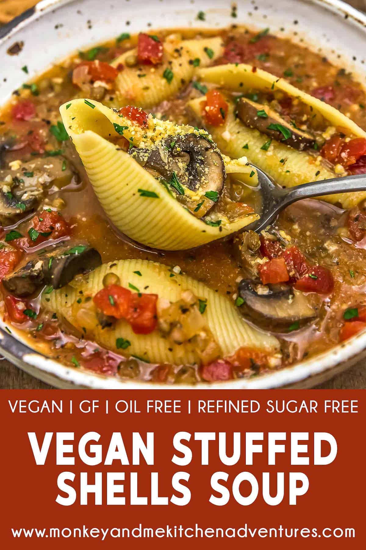 Vegan Stuffed Shells Soup with text description