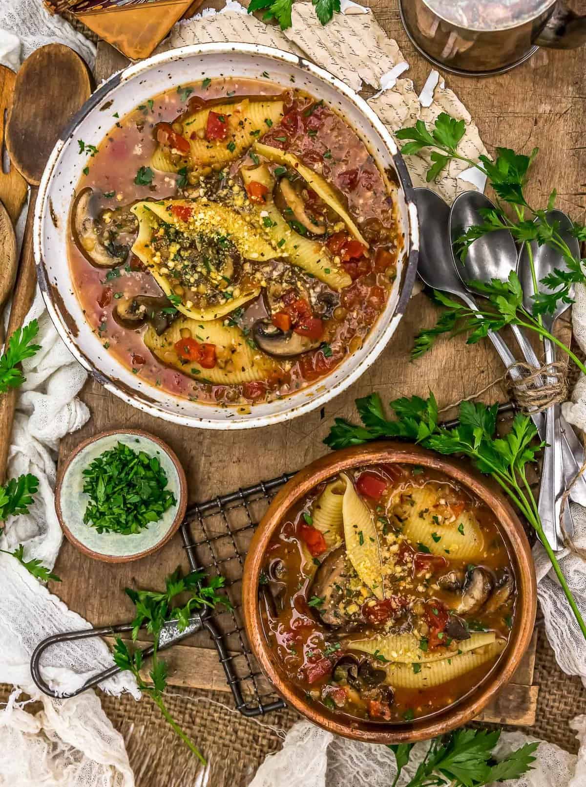 Tablescape of Vegan Stuffed Shells Soup