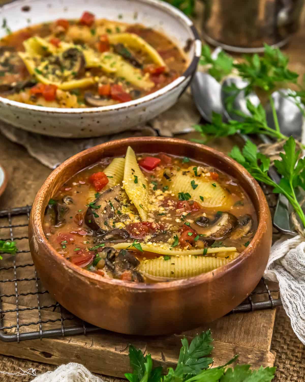 Bowl of Vegan Stuffed Shells Soup