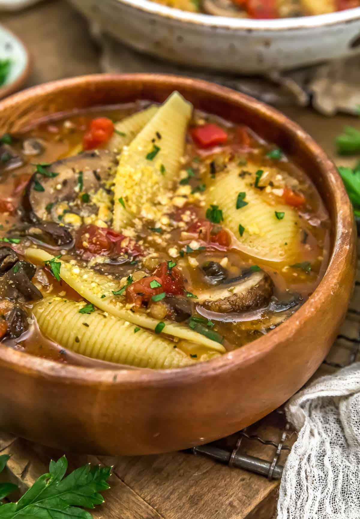 Vegan Stuffed Shells Soup in a bowl