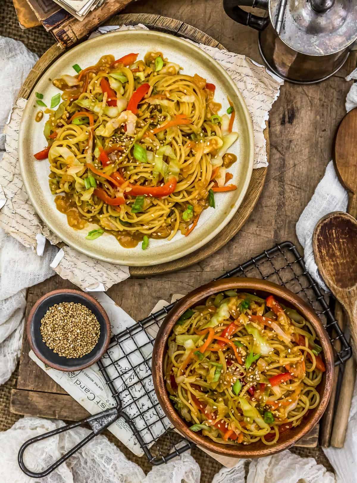 Tablescape of Asian Cabbage Noodle Stir Fry