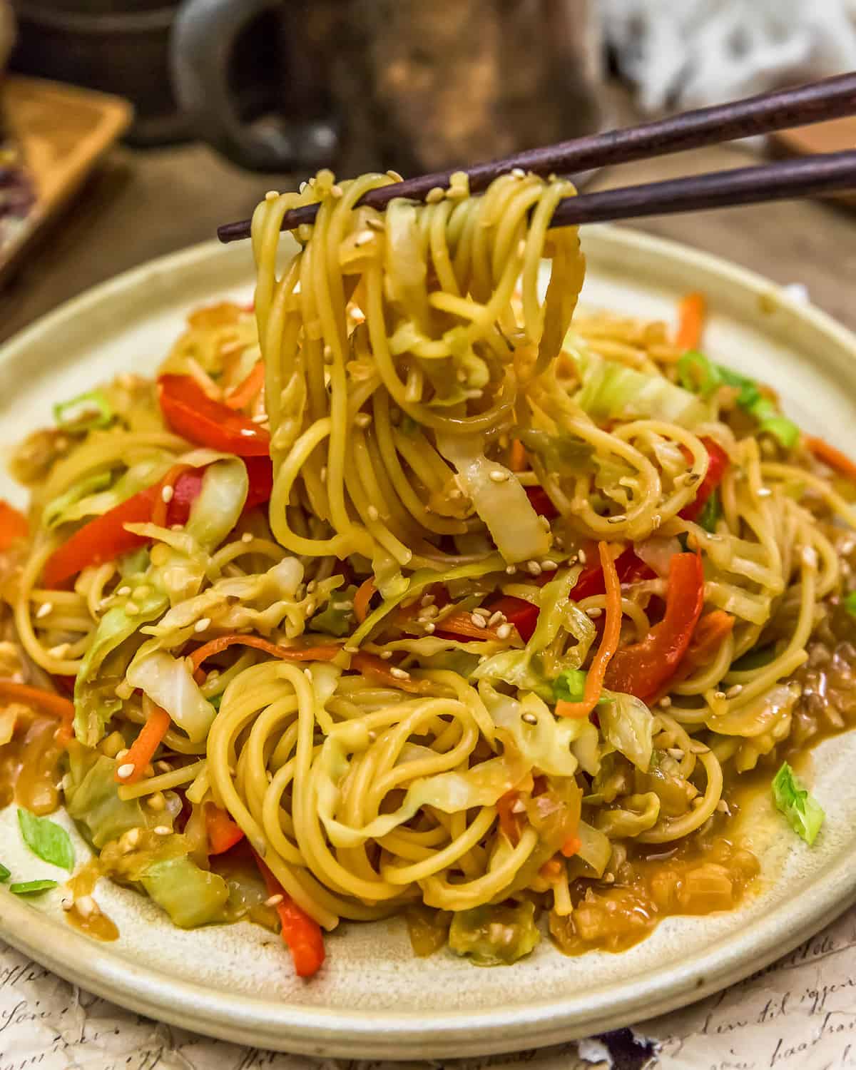 Eating Asian Cabbage Noodle Stir Fry