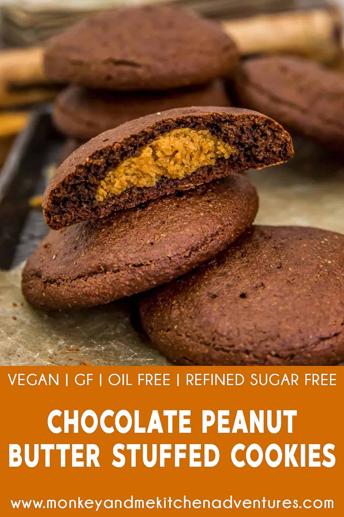 Chocolate Peanut Butter Stuffed Cookies with text description