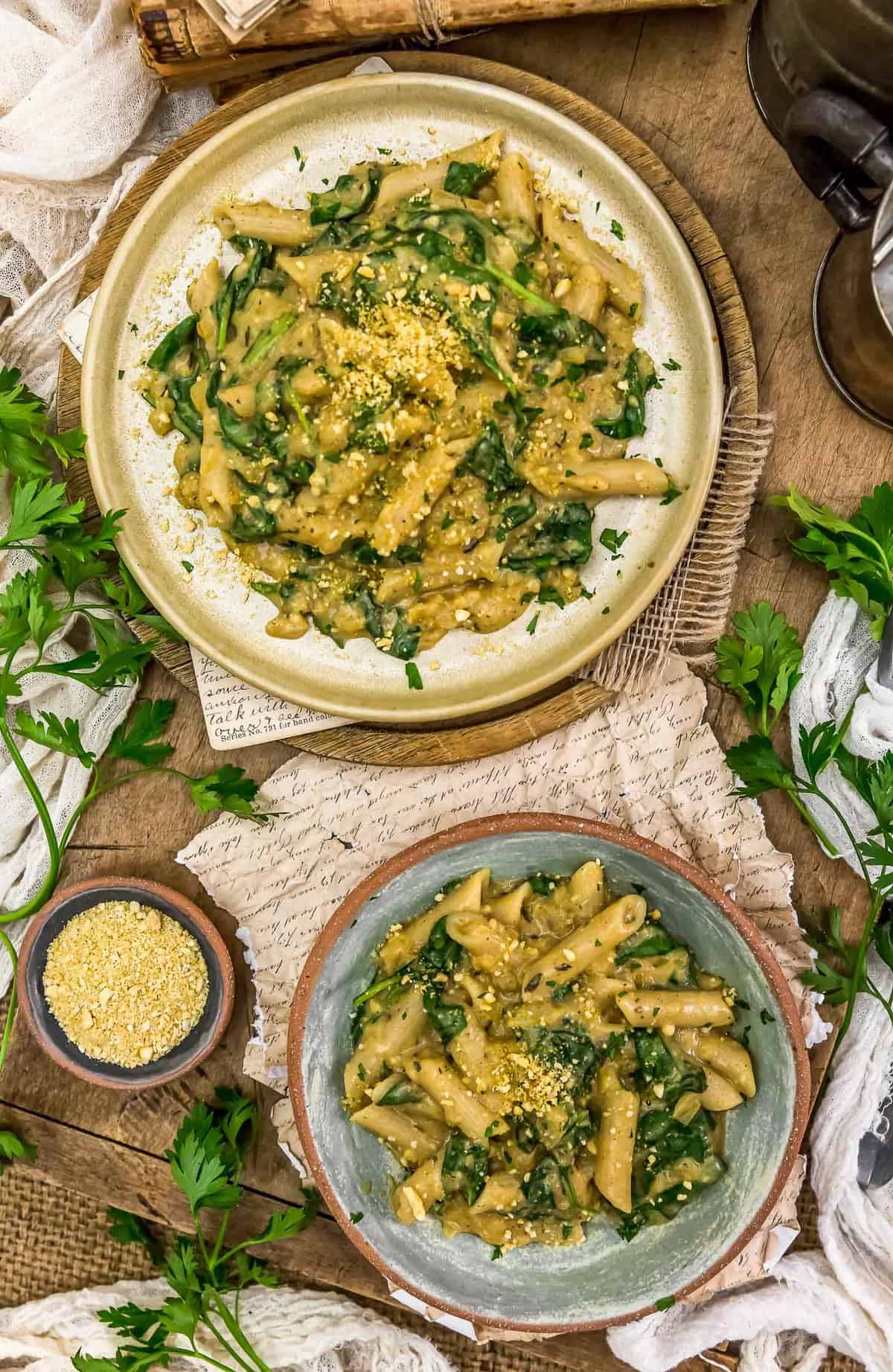 Tablescape of Vegan Creamy Spinach Pasta