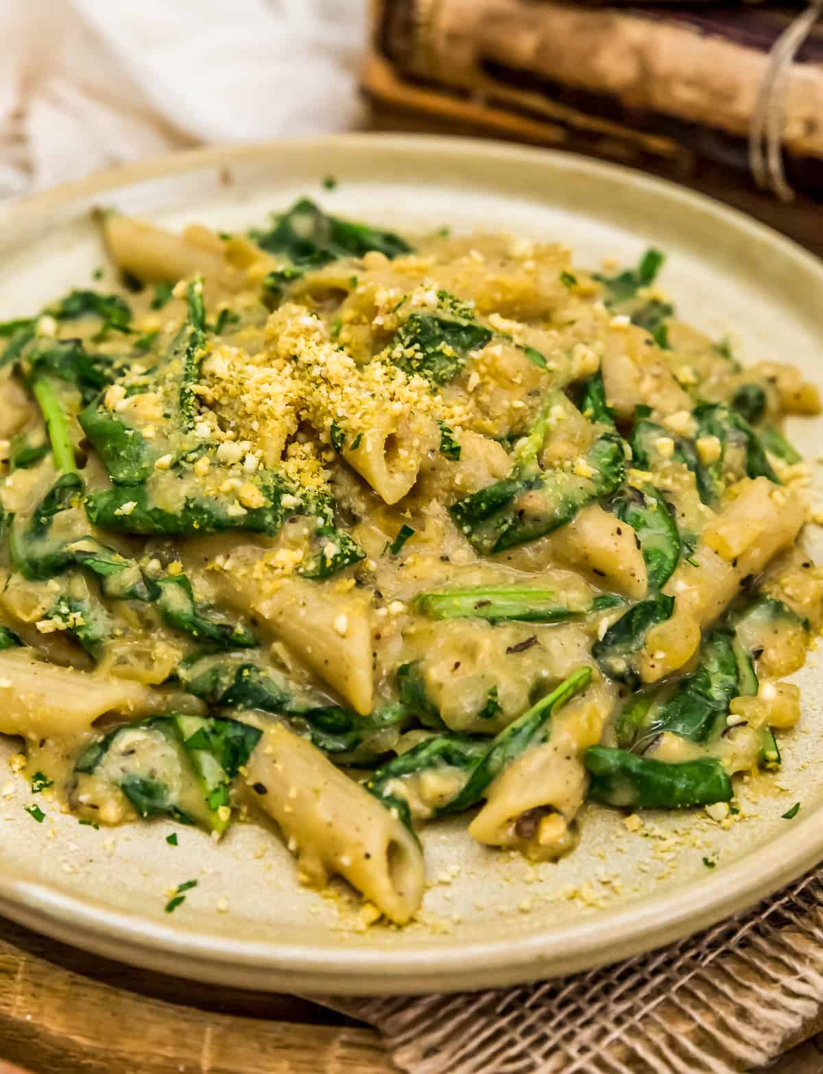 Plated Vegan Creamy Spinach Pasta