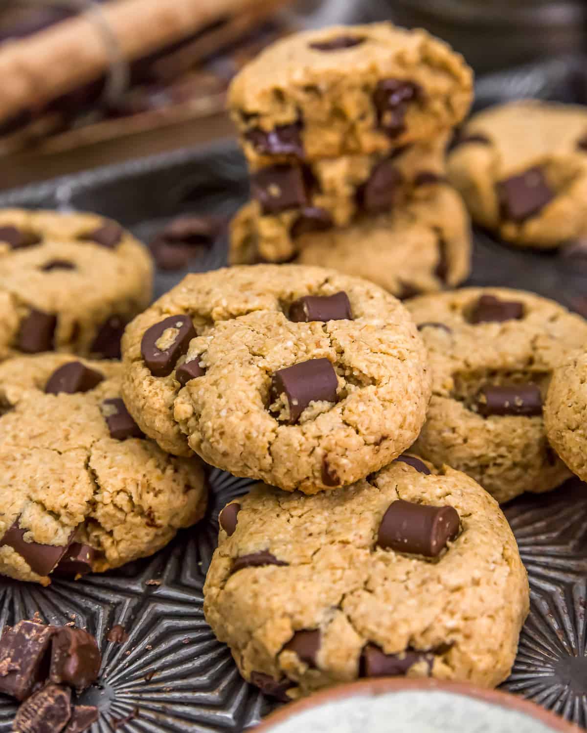 Pile of Vegan Peanut Butter Chocolate Chip Cookies