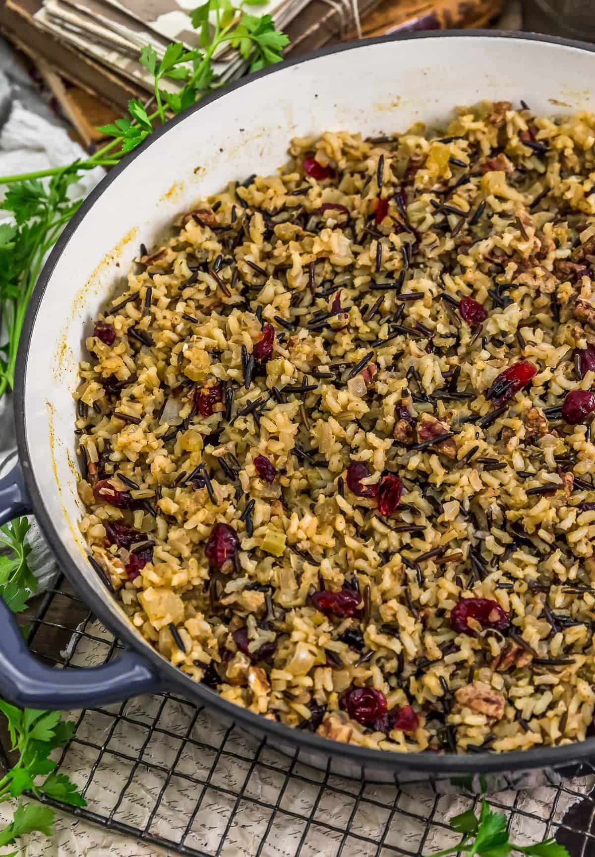 Skillet of Vegan Wild Rice Stuffing