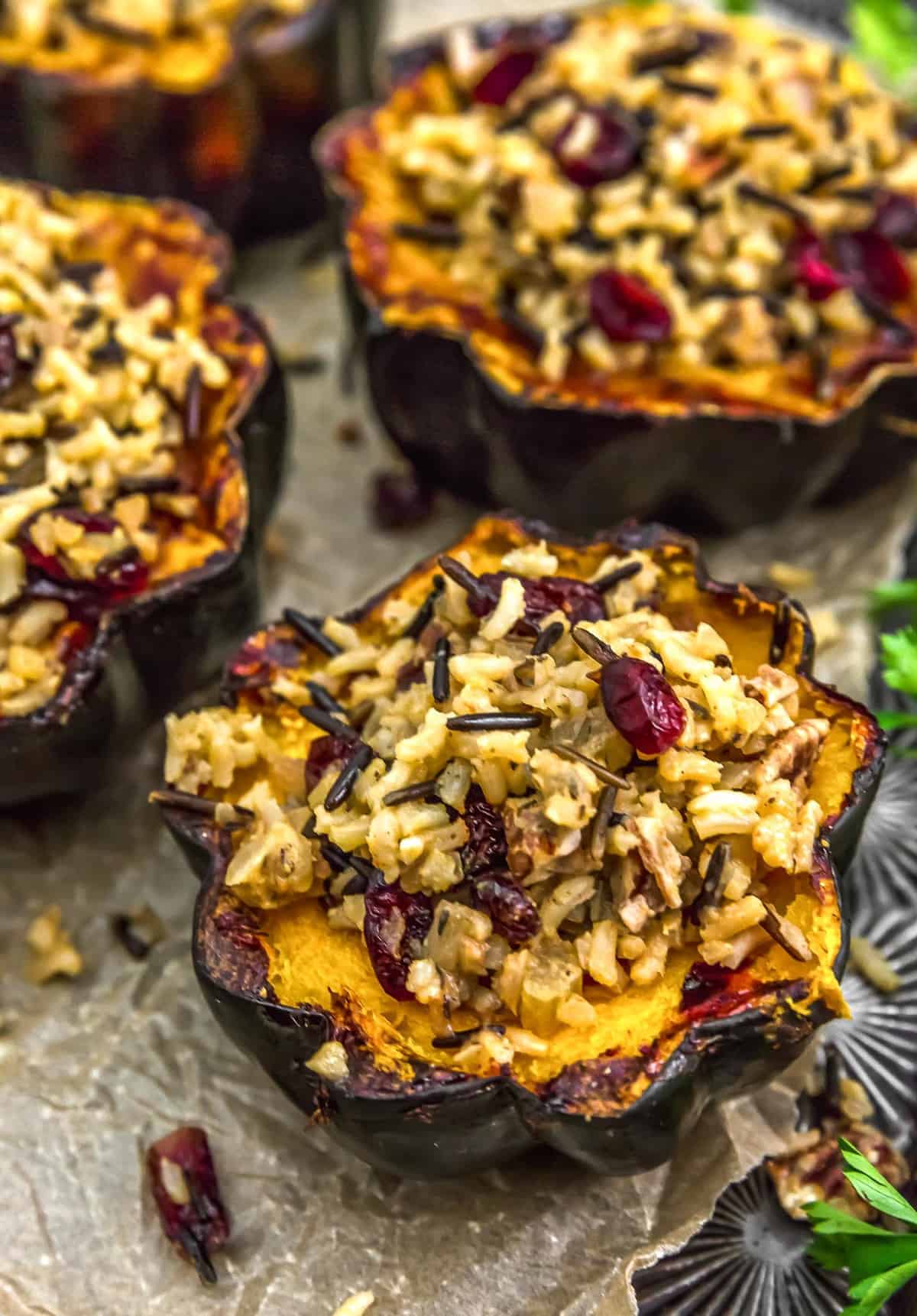 Vegan Wild Rice Stuffing in acorn squash