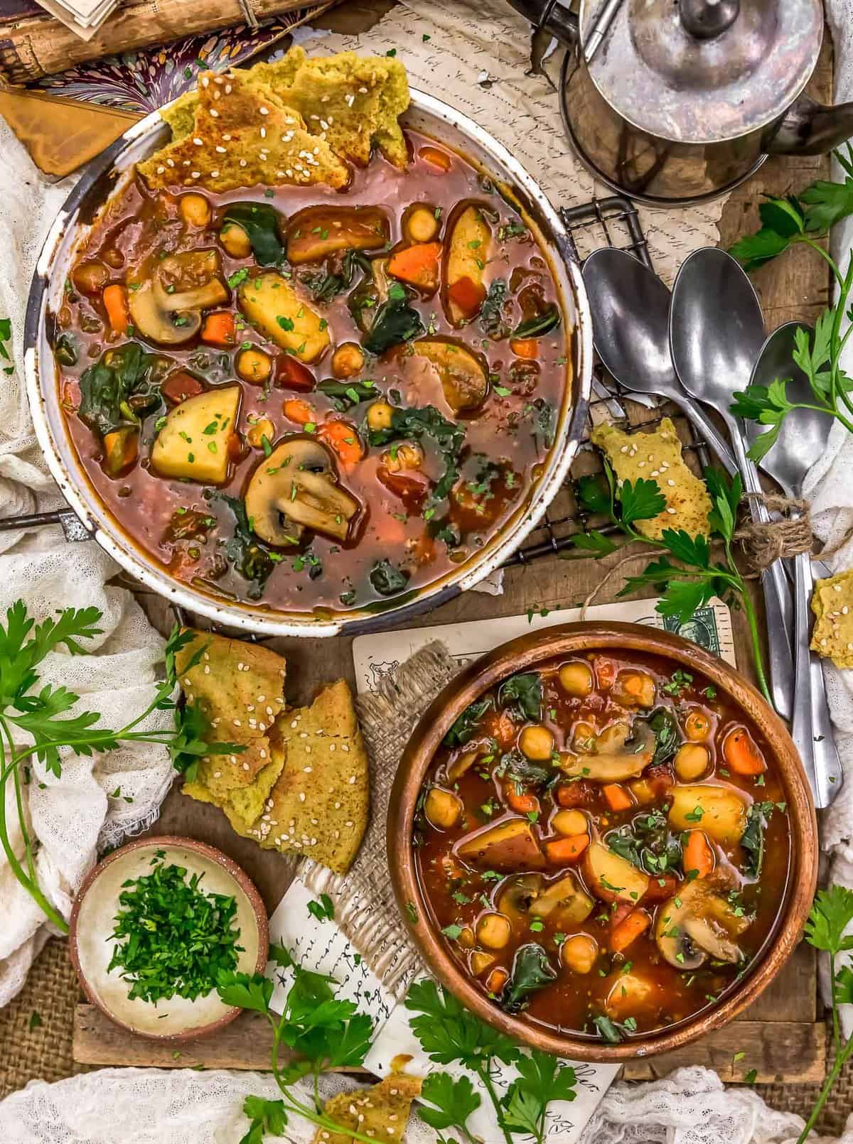 Tablescape of Chickpea Mushroom Shawarma Soup