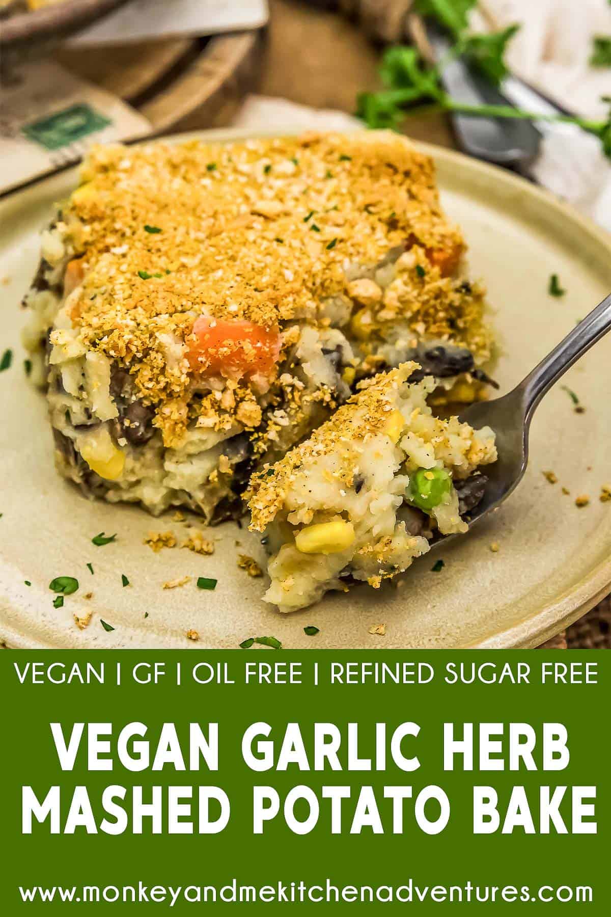 Vegan Garlic Herb Mashed Potato Bake with text description