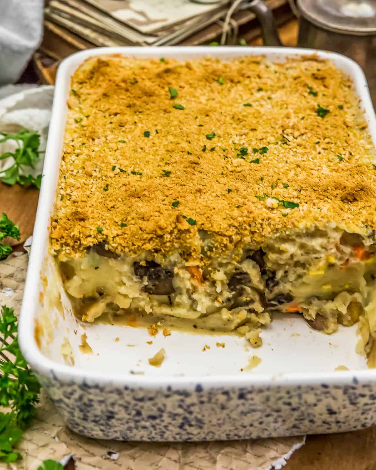 Vegan Garlic Herb Mashed Potato Bake in a caserole dish