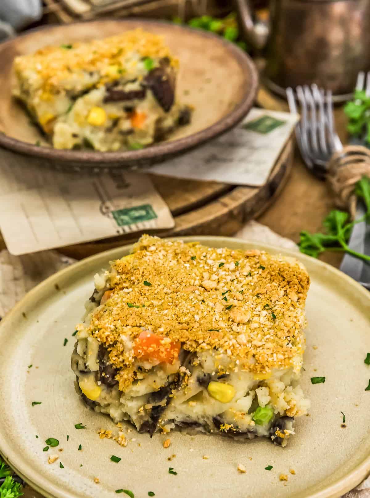 Served Vegan Garlic Herb Mashed Potato Bake