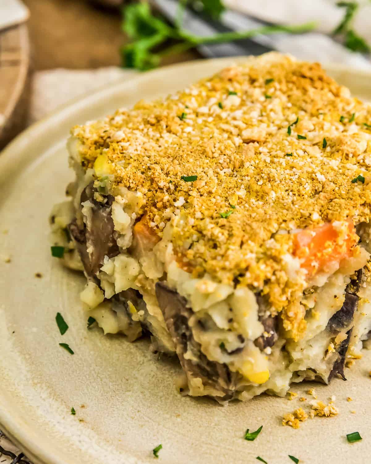 Close up of Vegan Garlic Herb Mashed Potato Bake