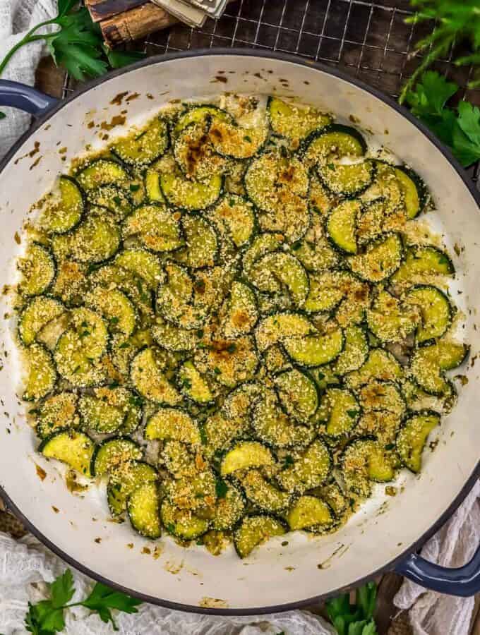 Simple Vegan Parmesan Zucchini in a skillet