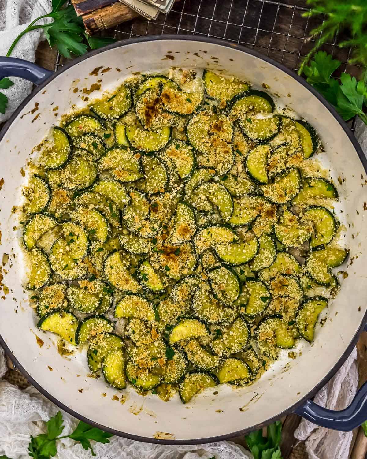 Simple Vegan Parmesan Zucchini in a skillet