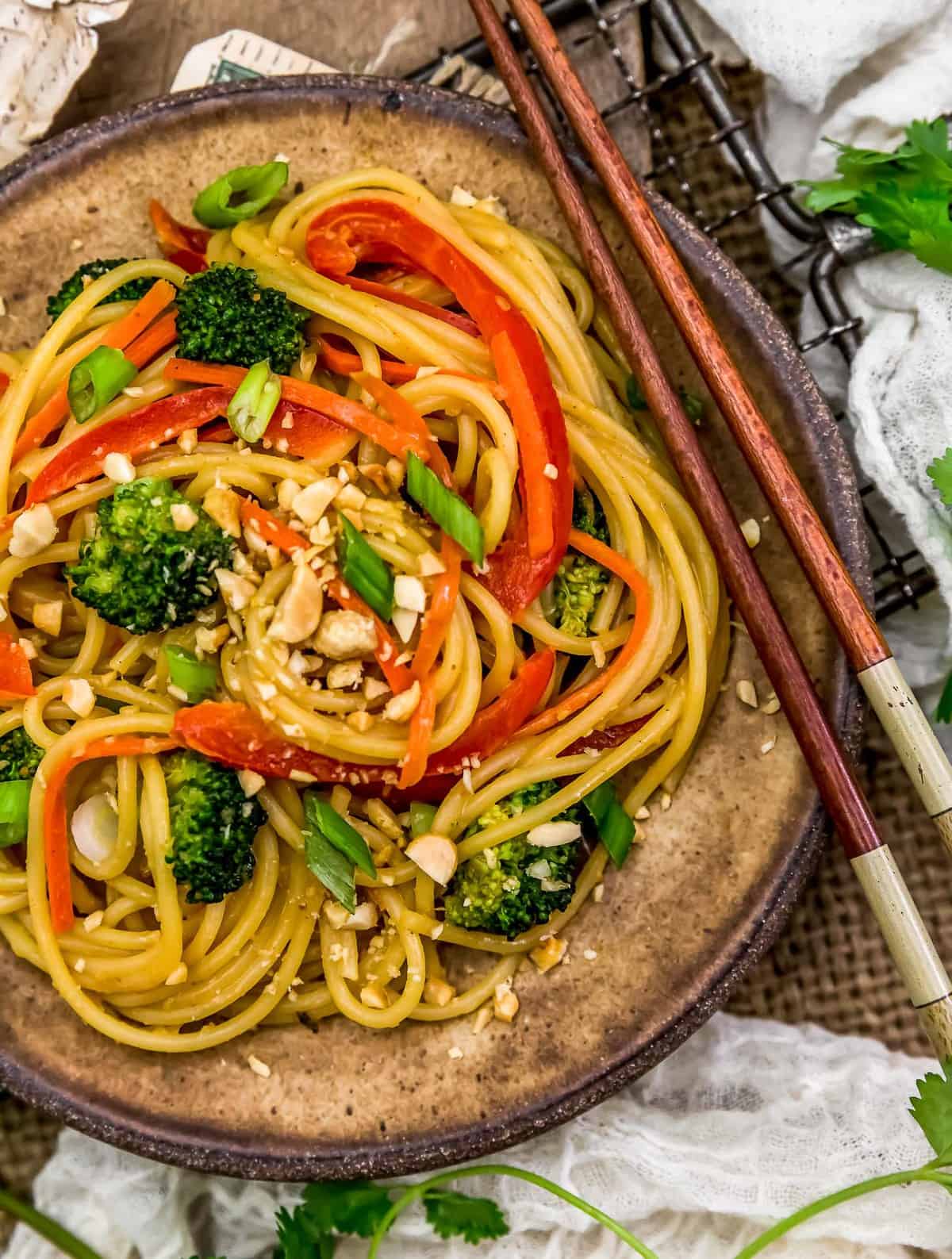 Spicy Peanut Noodles with chop sticks