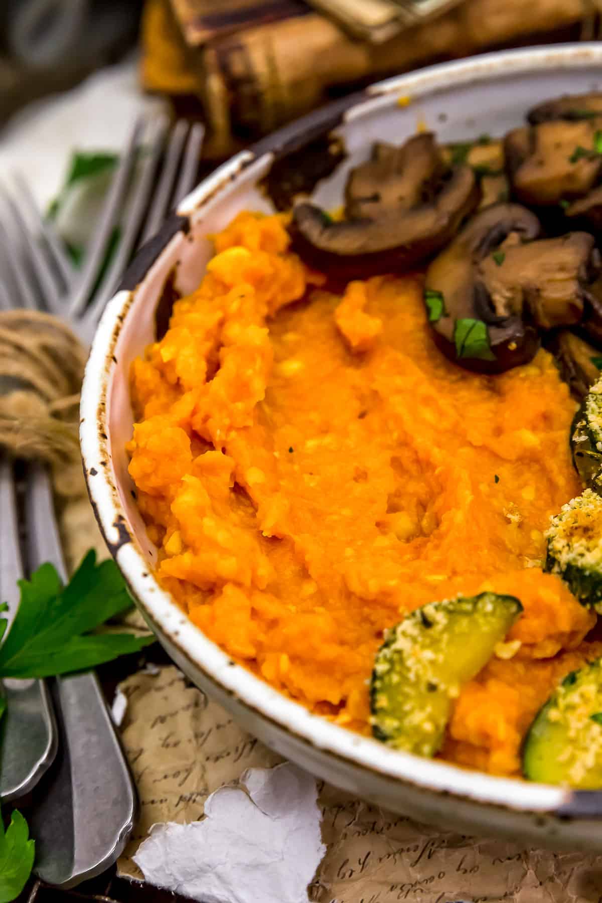 Sweet Potato Corn Mash with mushrooms and zucchini