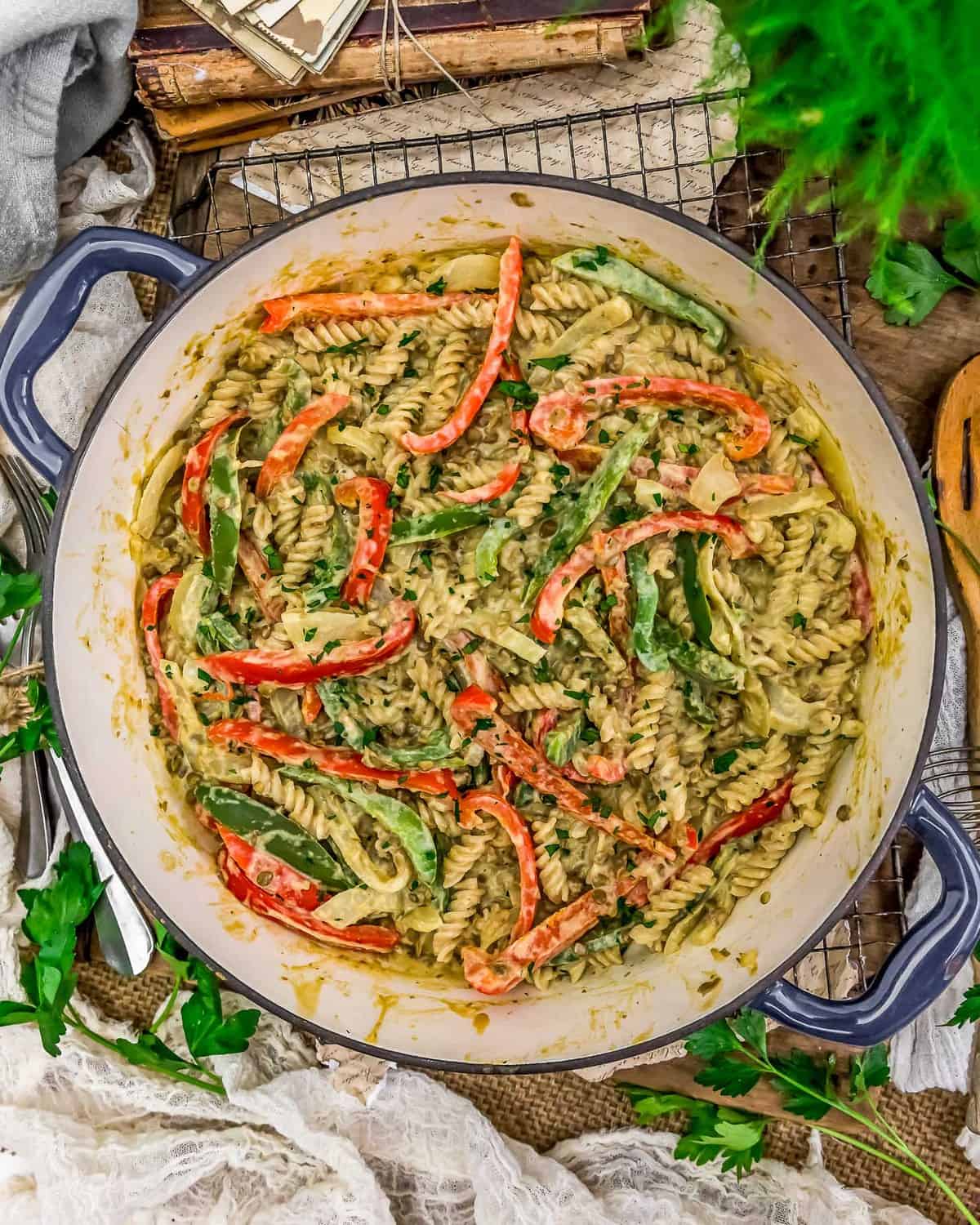 Tablescape of Vegan “Cheesesteak” Pasta Skillet