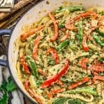 Close up of Vegan “Cheesesteak” Pasta Skillet