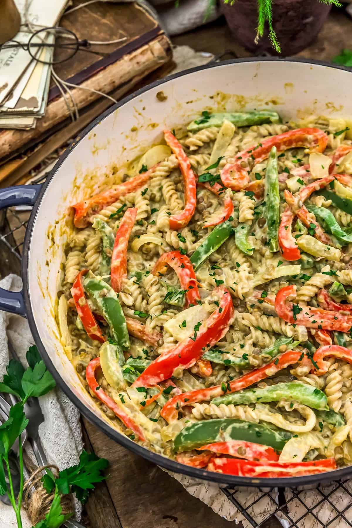 Close up of Vegan “Cheesesteak” Pasta Skillet