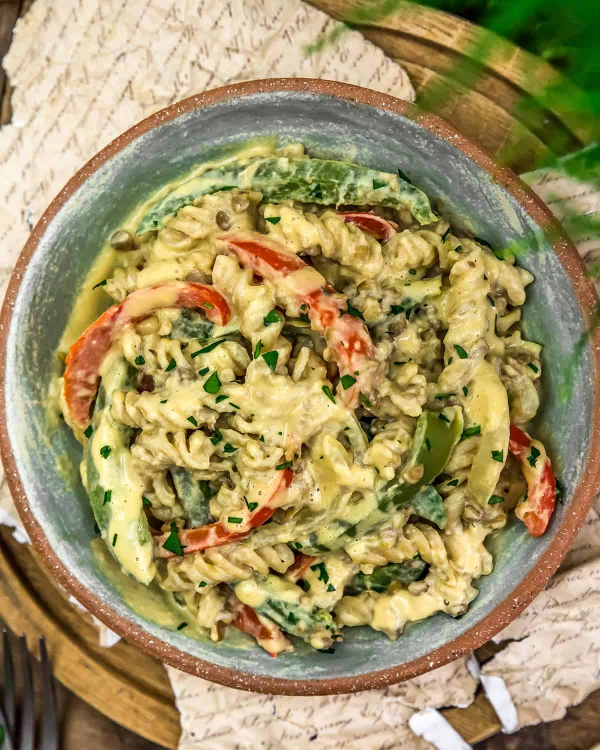 Vegan “Cheesesteak” Pasta Skillet in a bowl