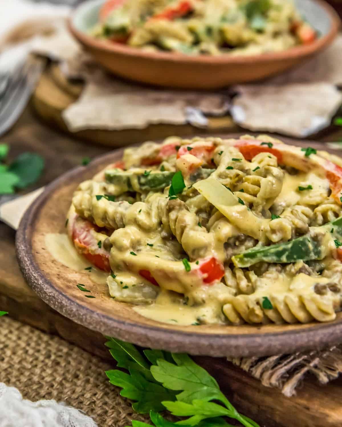 Close up of Vegan “Cheesesteak” Pasta Skillet