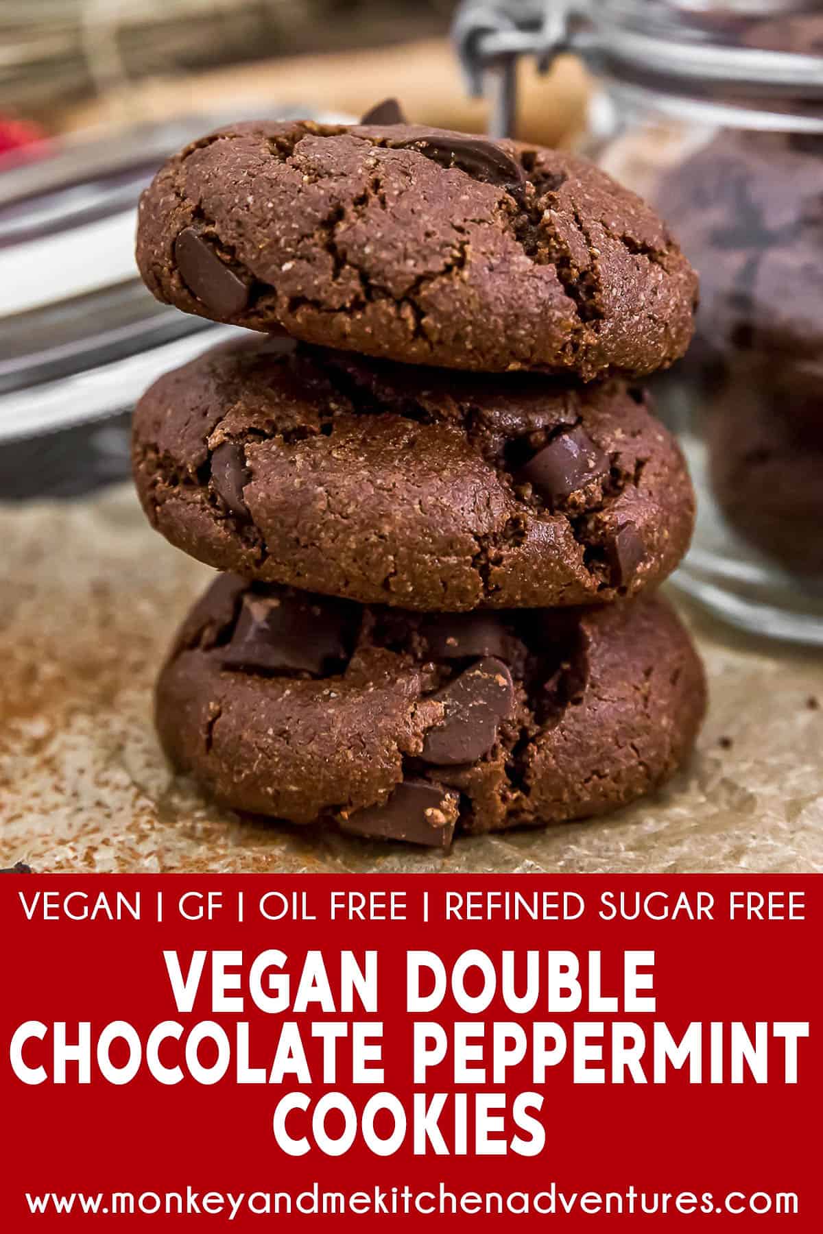 Vegan Double Chocolate Peppermint Cookies with text description