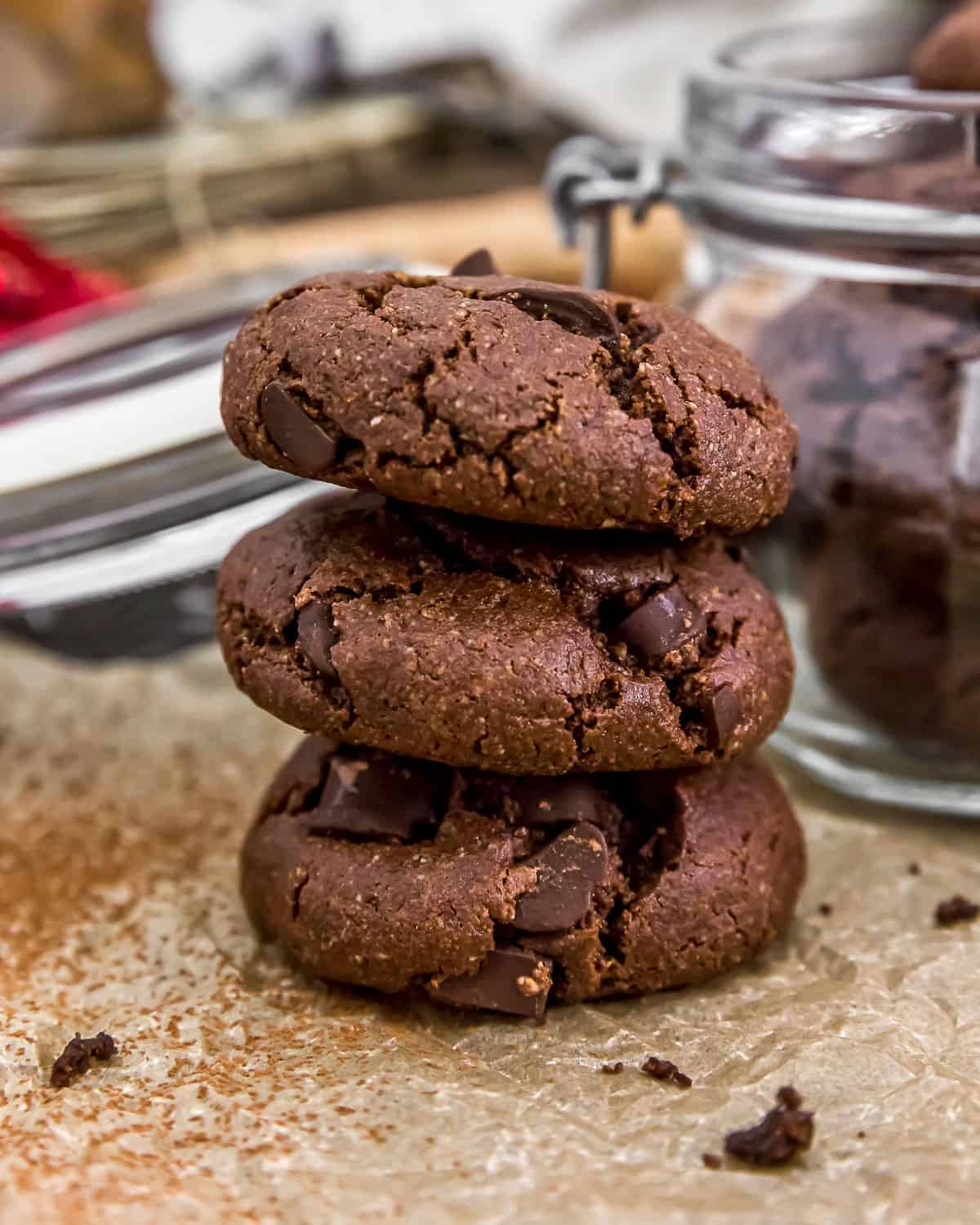 Stack of Vegan Double Chocolate Peppermint Cookies