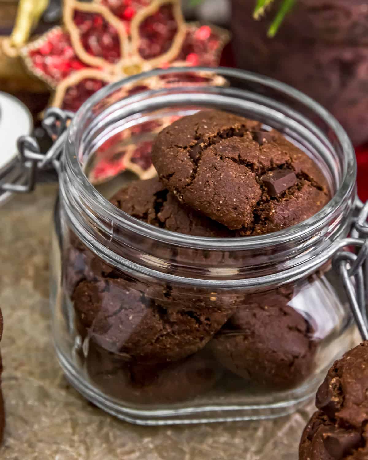 Jar of Vegan Double Chocolate Peppermint Cookies