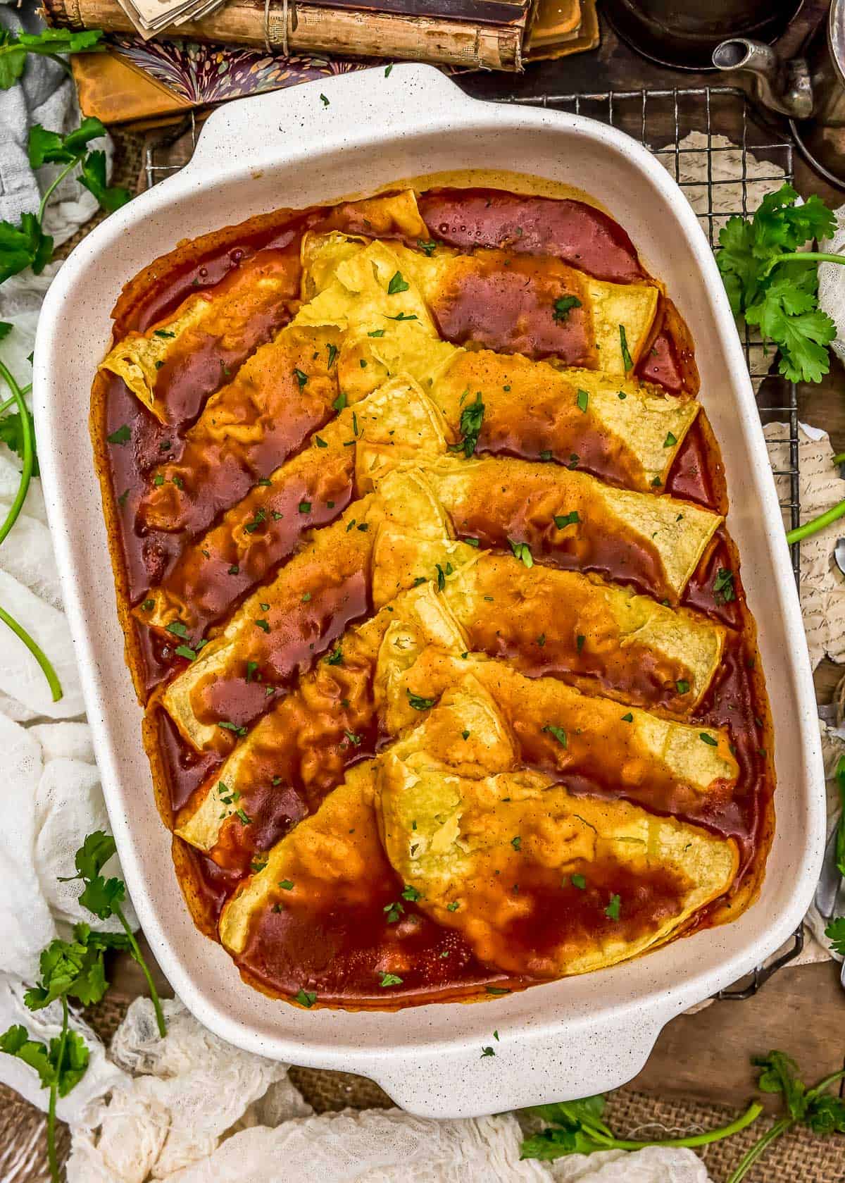 Vegan Enchilada Quesadilla Bake in a casserole dish