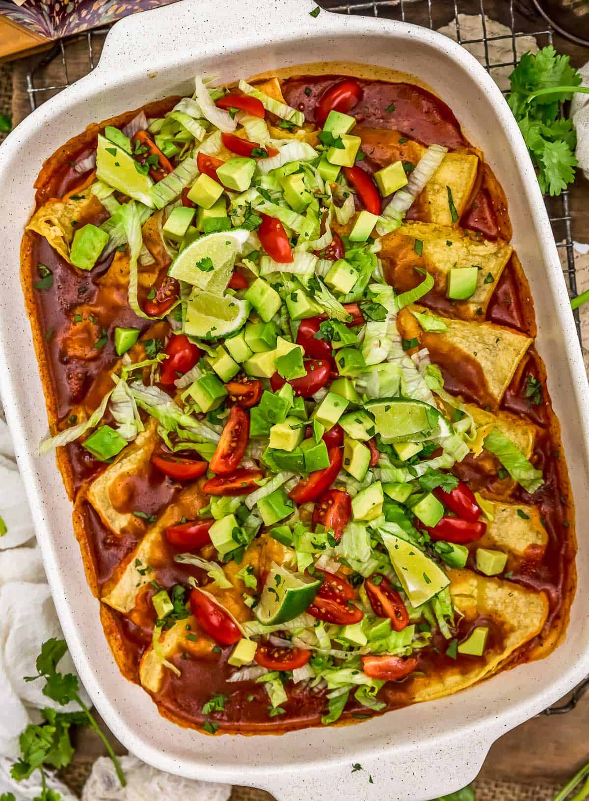 Vegan Enchilada Quesadilla Bake topped with fresh veggies