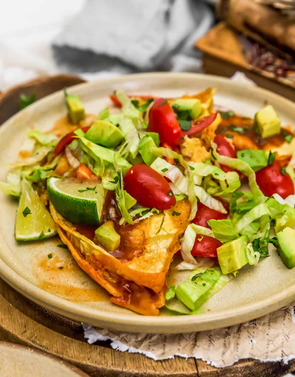 Close up of plated Vegan Enchilada Quesadilla Bake