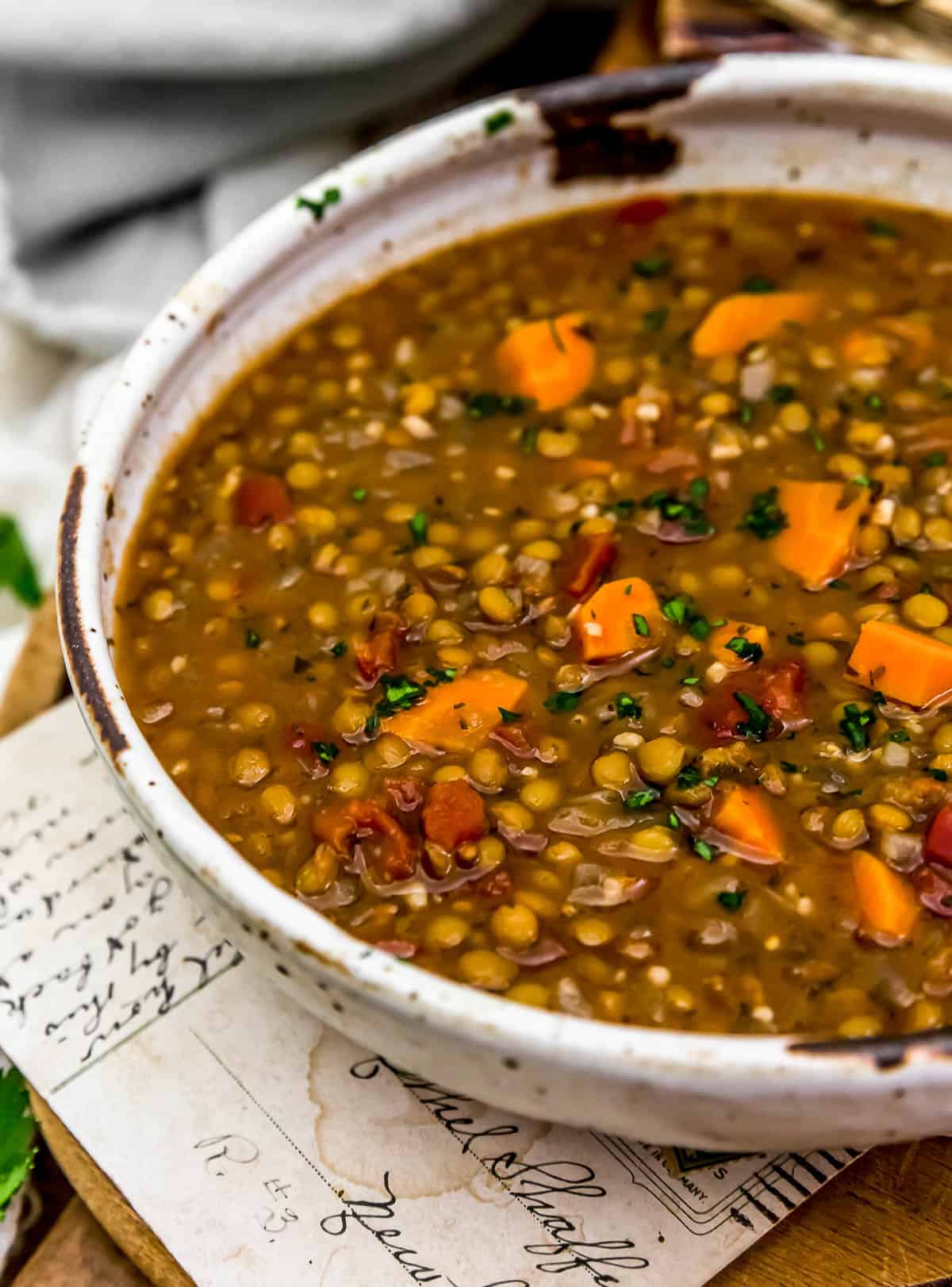 Close up of Vegan Lentil “Sausage” Soup