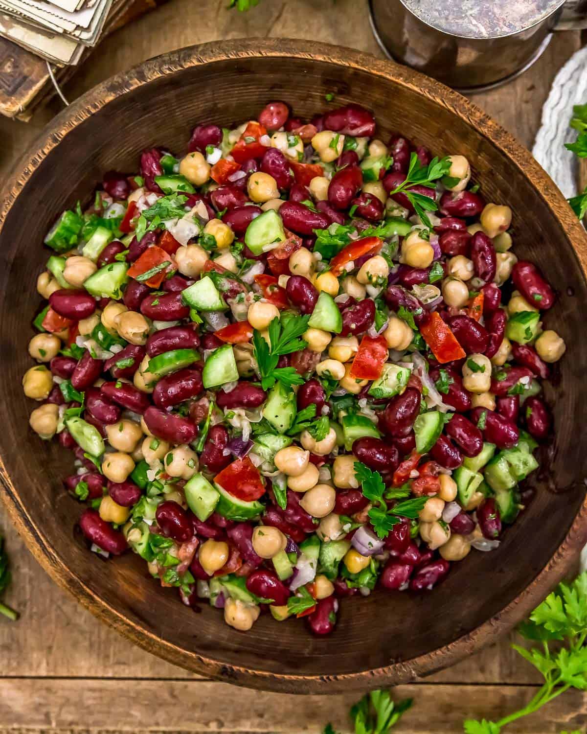 Serving bowl of Oil Free Lebanese Bean Salad