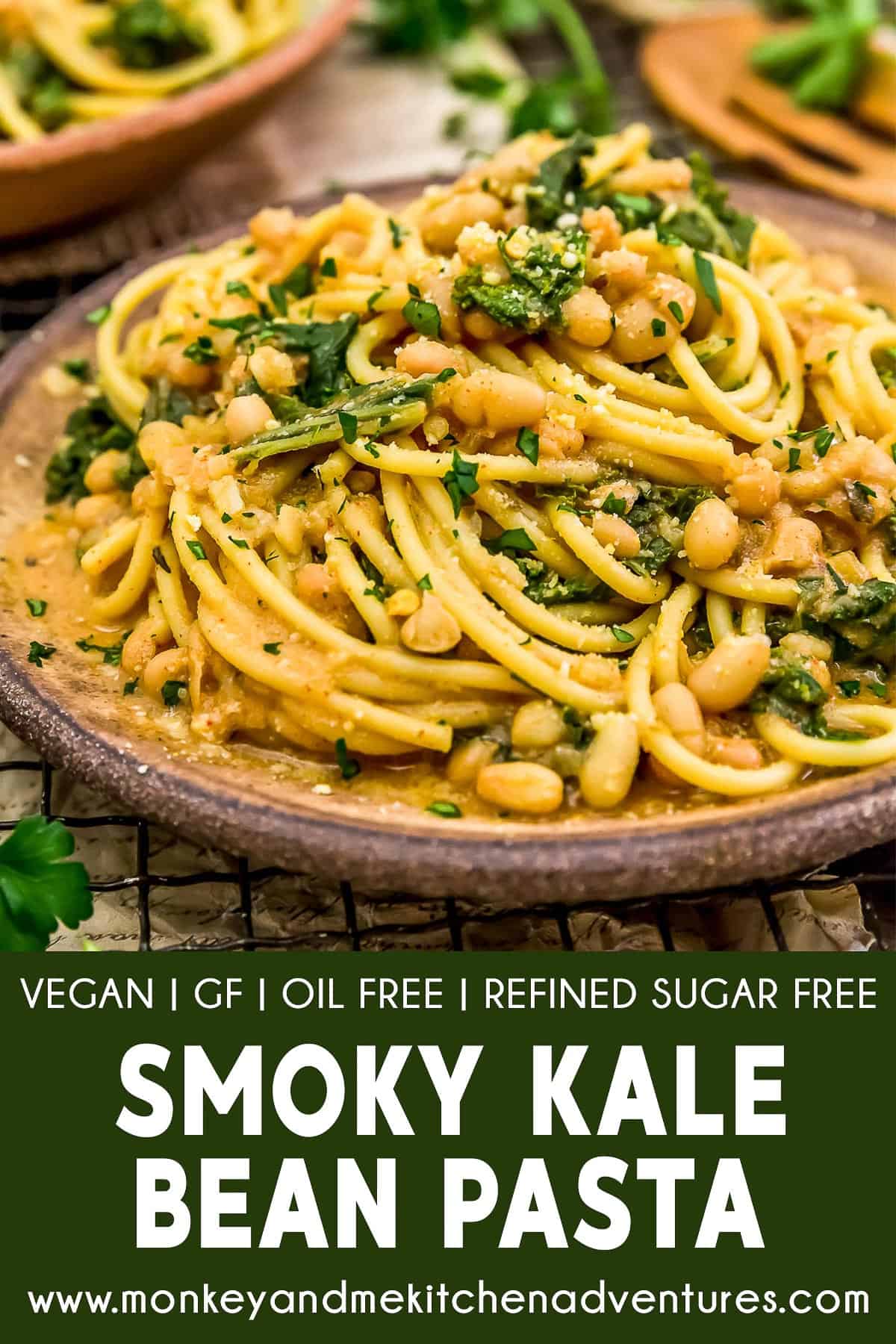 Smoky Kale and Bean Pasta with text description