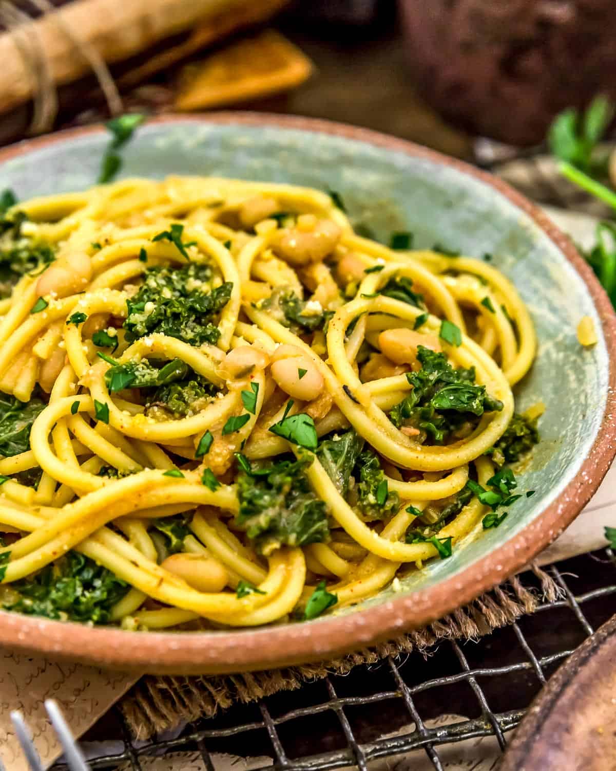 Bowl of Smoky Kale and Bean Pasta