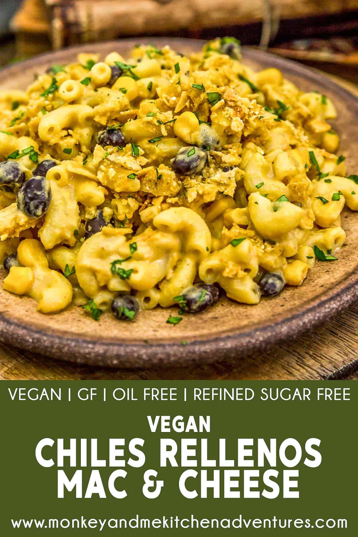 Vegan Chiles Rellenos Mac and Cheese with text description