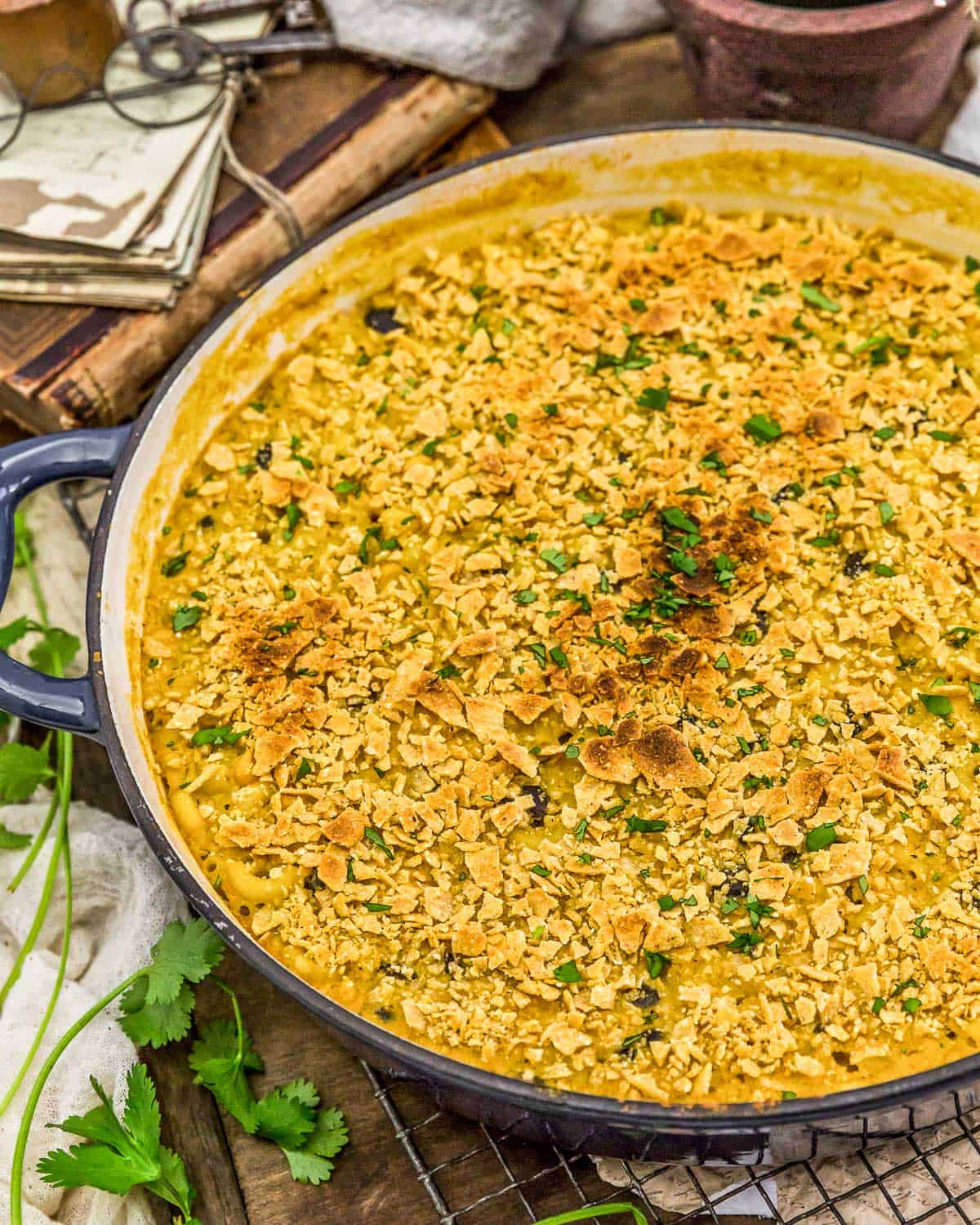 Skillet of Vegan Chiles Rellenos Mac and Cheese